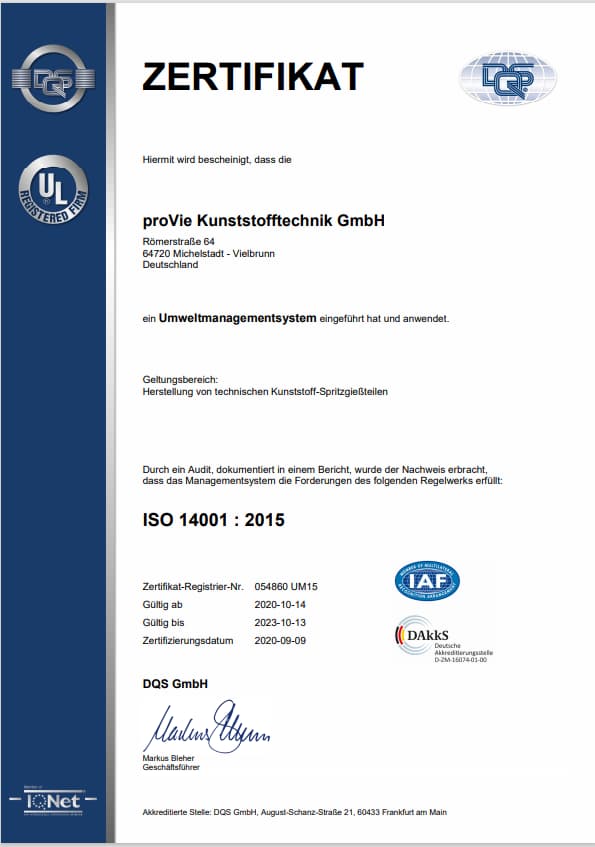 proVie Zertifikat ISO 14001 Deutsch